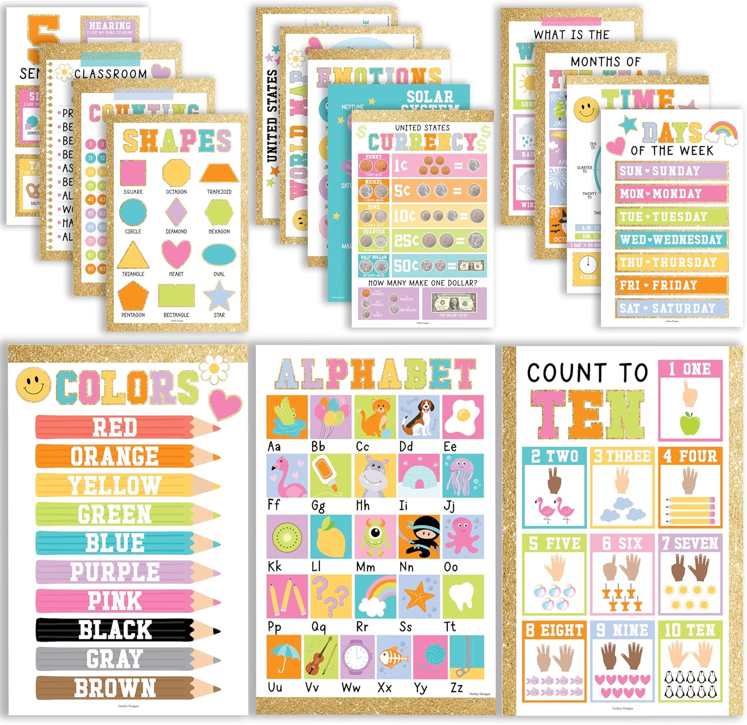 Hadley Designs 16 Educational Posters for Toddlers 1-3, Laminated Toddler Learning Posters for Preschool & Kindergarten, ABC Chart, Numbers, Colors, Shapes, Days of The Week, Gold Classroom Decor
