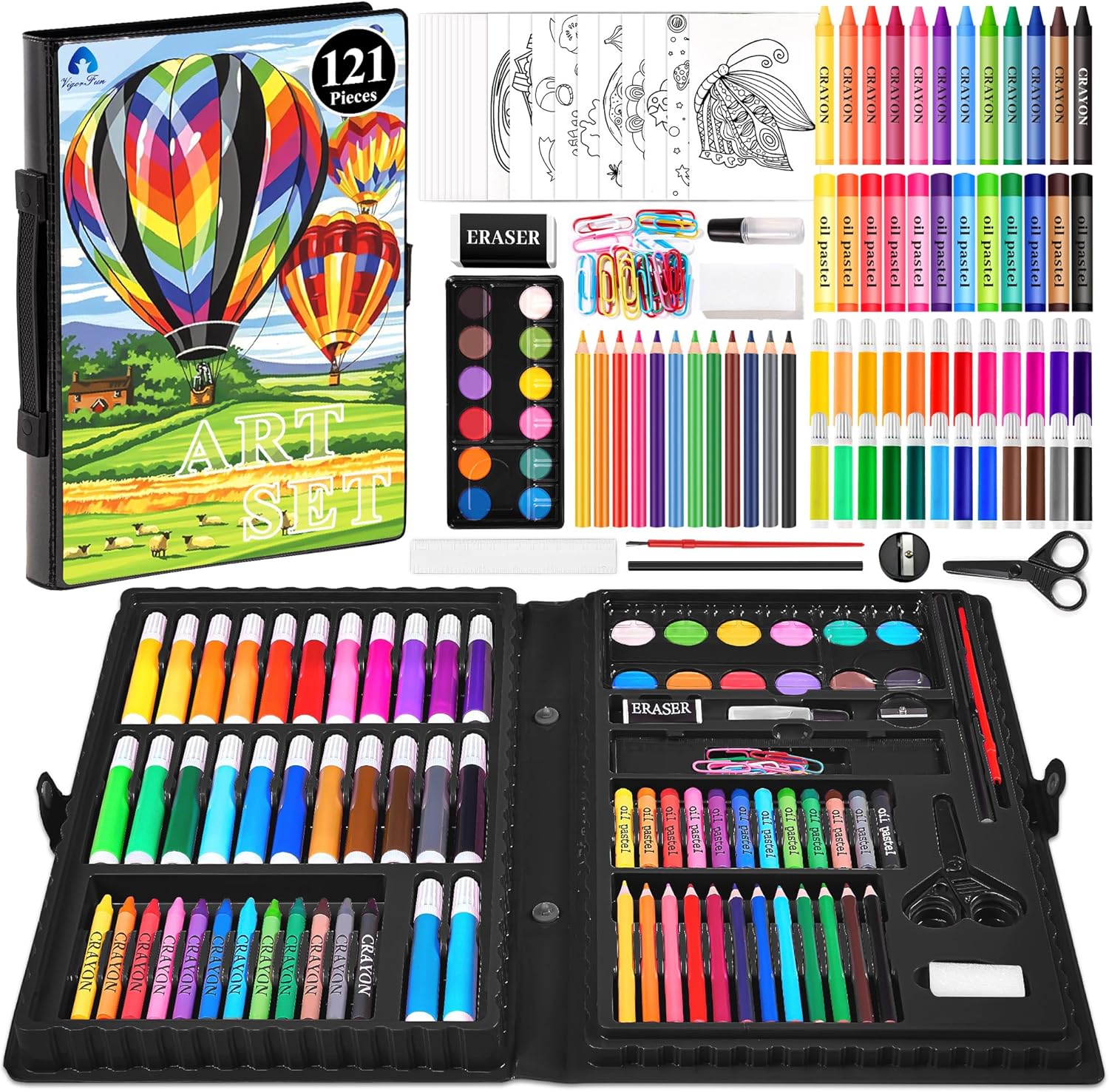 Art Set, VigorFun Art Supplies Drawing Painting Kit Includes Oil Pastels, Crayons, Colored Pencils, Watercolor Cakes, Gifts for Kids Girls Boys Teens (Black)