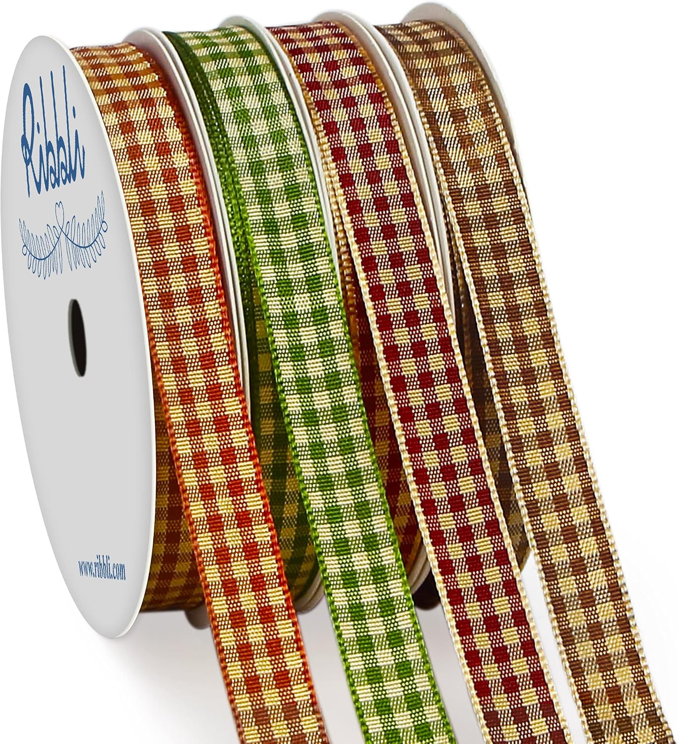 Ribbli Fall Gingham Ribbon,Special 4 Rolls Collection,3/8 Inch Total 40 Yards,Autumn Harvest Festival Check Ribbon Plaid Ribbon Use for Craft,Autumn Gift Wrapping,Home Decor