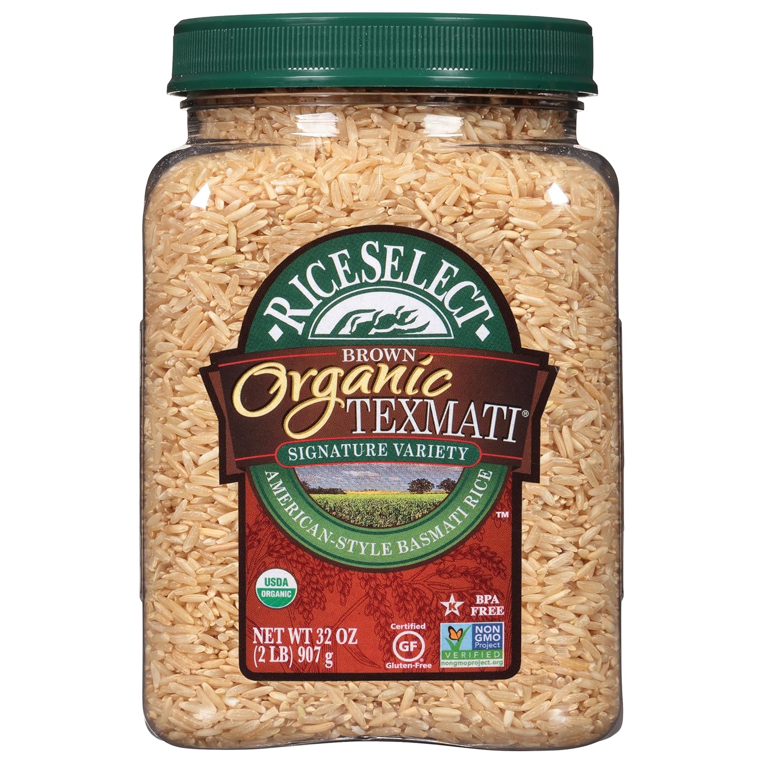 RiceSelect Organic Texmati Brown Basmati Rice, Premium Non-GMO Gluten-Free Long-Grain Brown Rice, 32-Ounce Jar