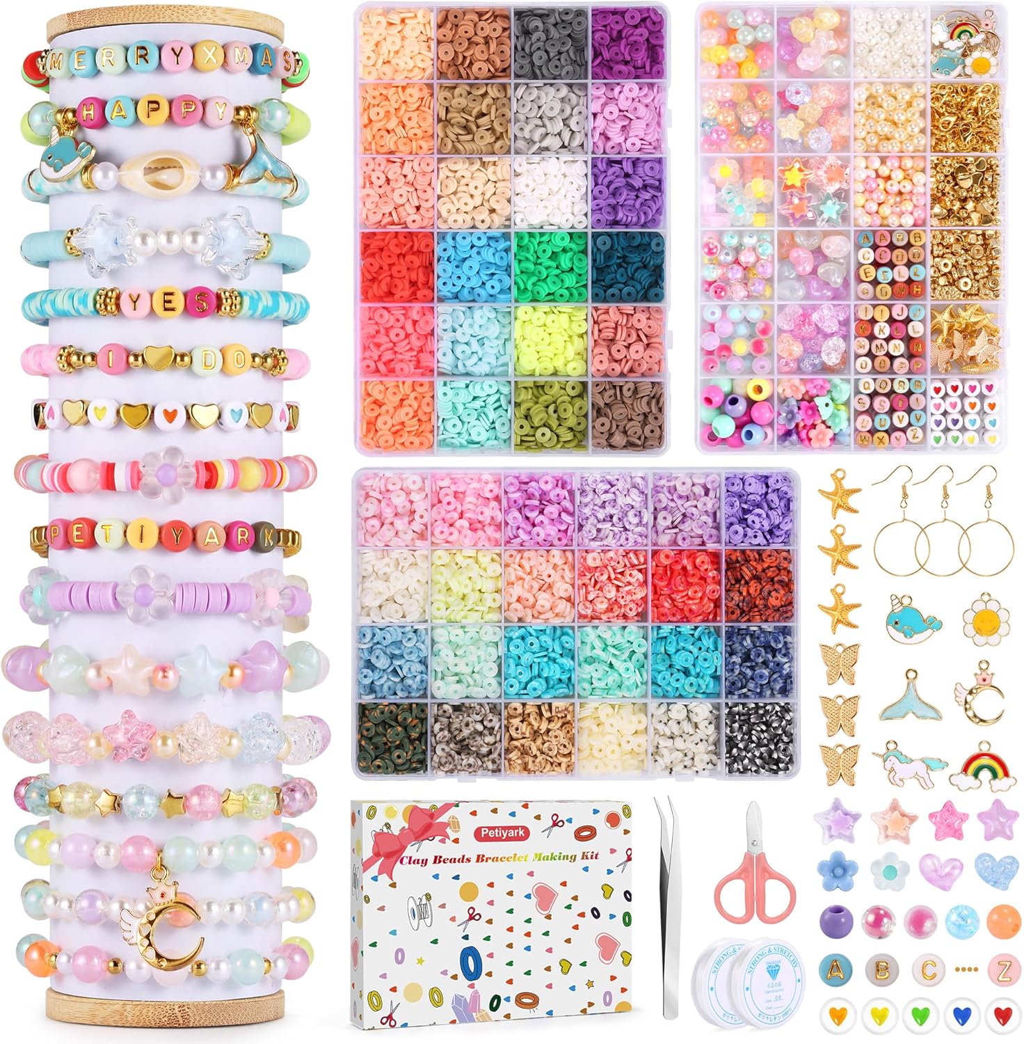 [CLEAR]10525Pcs Clay Beads Bracelet Making Kit, 1 Box 925Pcs Coloured Charms Kit with Letter Beads, 2 Boxes 48 Colors Flat Round Polymer Clay Beads for Jewelry Making, Girls Friendship DIY Crafts Gift