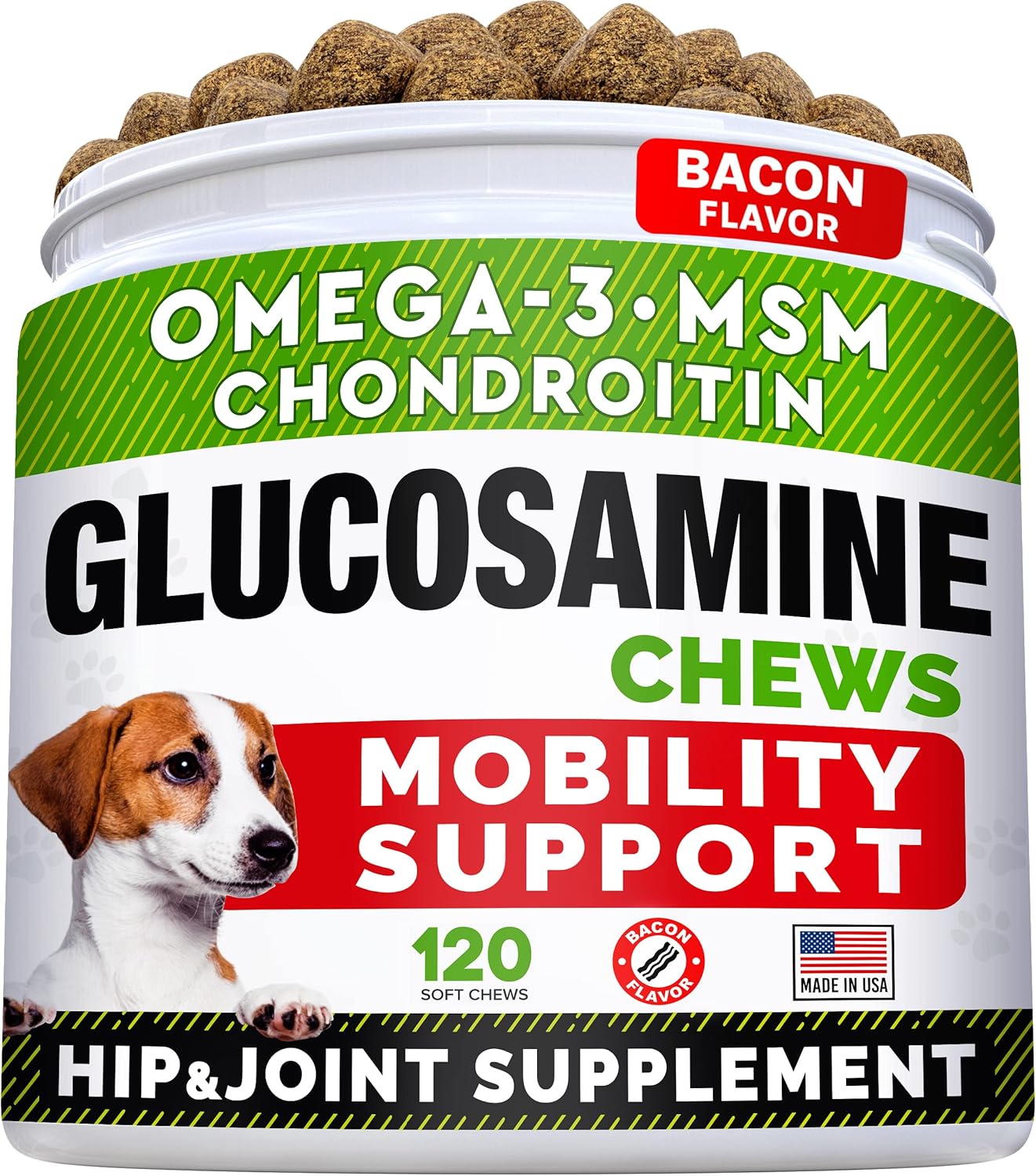 STRELLALAB Glucosamine Treats for Dogs - Joint Supplement w/Omega-3 Fish Oil - Chondroitin, MSM - Advanced Mobility Chews - Joint Pain Relief - Hip & Joint Care - Bacon Flavor - 120 Ct - Made in USA