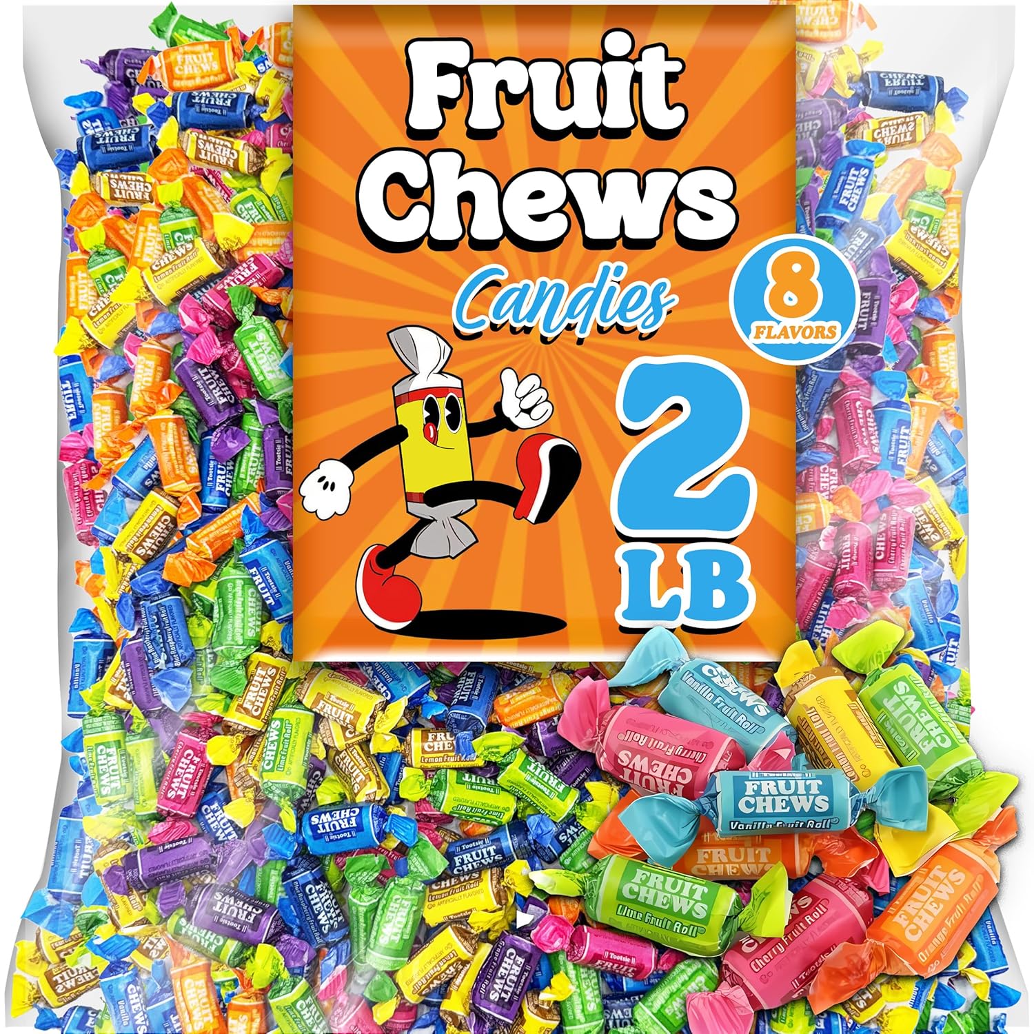 Fruit Chews Mix, Bulk 2 Lbs Individually Wrapped Candy, 8 Assorted Fruity Flavors Soft and Chewy Taffies, Peanut and Gluten Free, Colorful Candy for Parties, Appx 135 Pcs