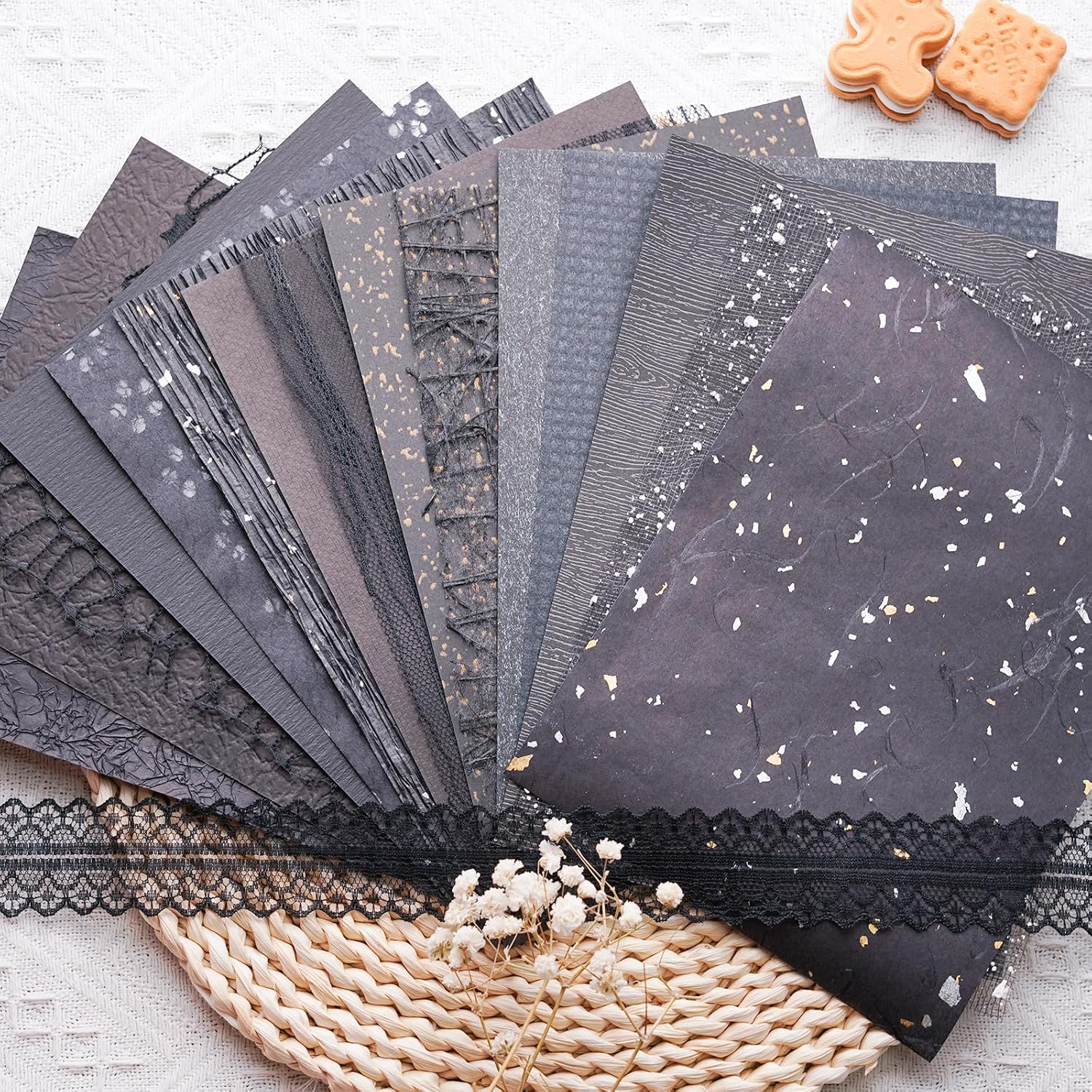 15Pcs Handmade Scrapbook Art Paper Craft Textured Paper Colorful A5 sheet Mesh Special Paper Mix for Scrapbooking Junk Journal Journaling Supplies DIY Materials,5.8x8.2 inches (Black)