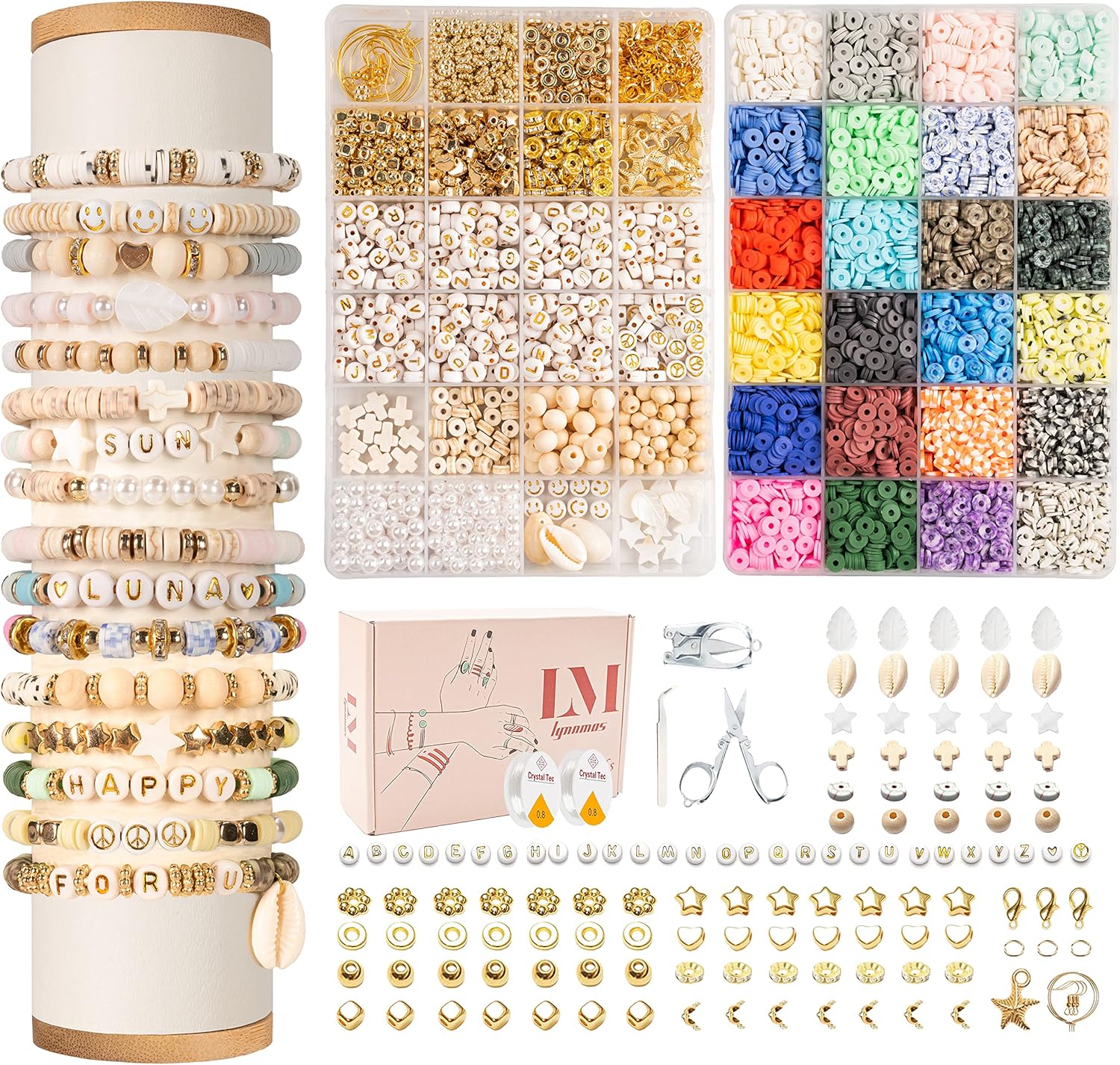 Lynnmos Clay Beads 8000 Pcs 2 Boxes Bracelet Making Kit - 24 Colors for Bracelet Making Set - Heishi Disc Beads for Jewelry Making kit with Charms and Gift Pack for Girls