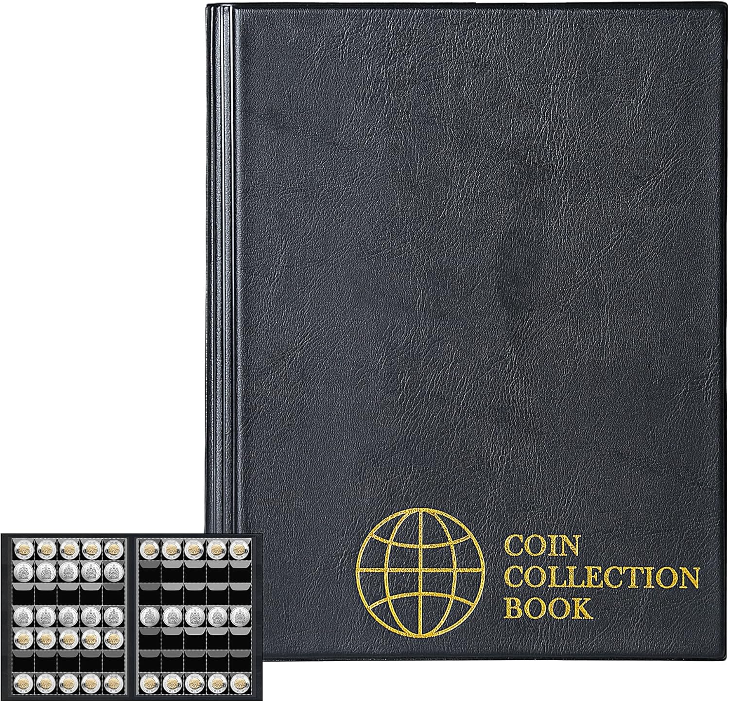 Uncle Paul 350 Pockets Coin Albums - 3.0x3.5cm Grid Black Coin Collection Holder Storage Book 10 Pages CS0235BK