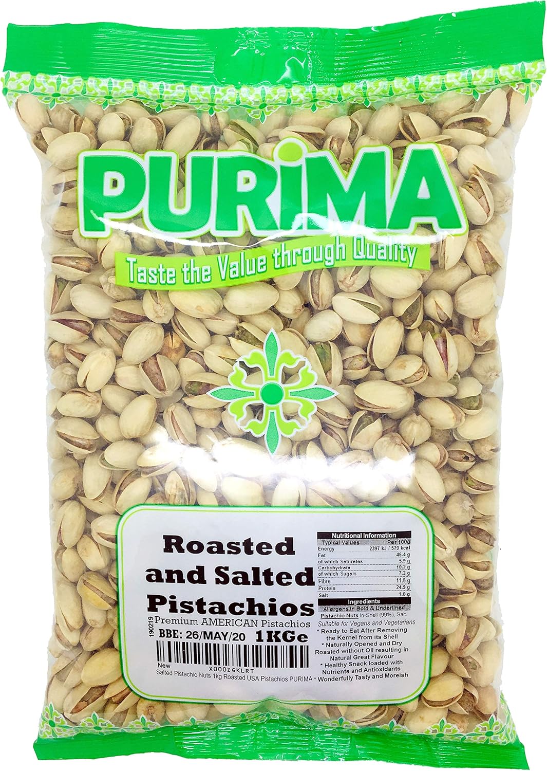 Salted Pistachio Nuts 1kg - Roasted and Salted Pistachios - Dry Oven Roast Salty Unshelled Kernels - Pub Snacks Large JUMBO Bulk Bag- Snacking Nut No Oil or Preservatives - PURIMA