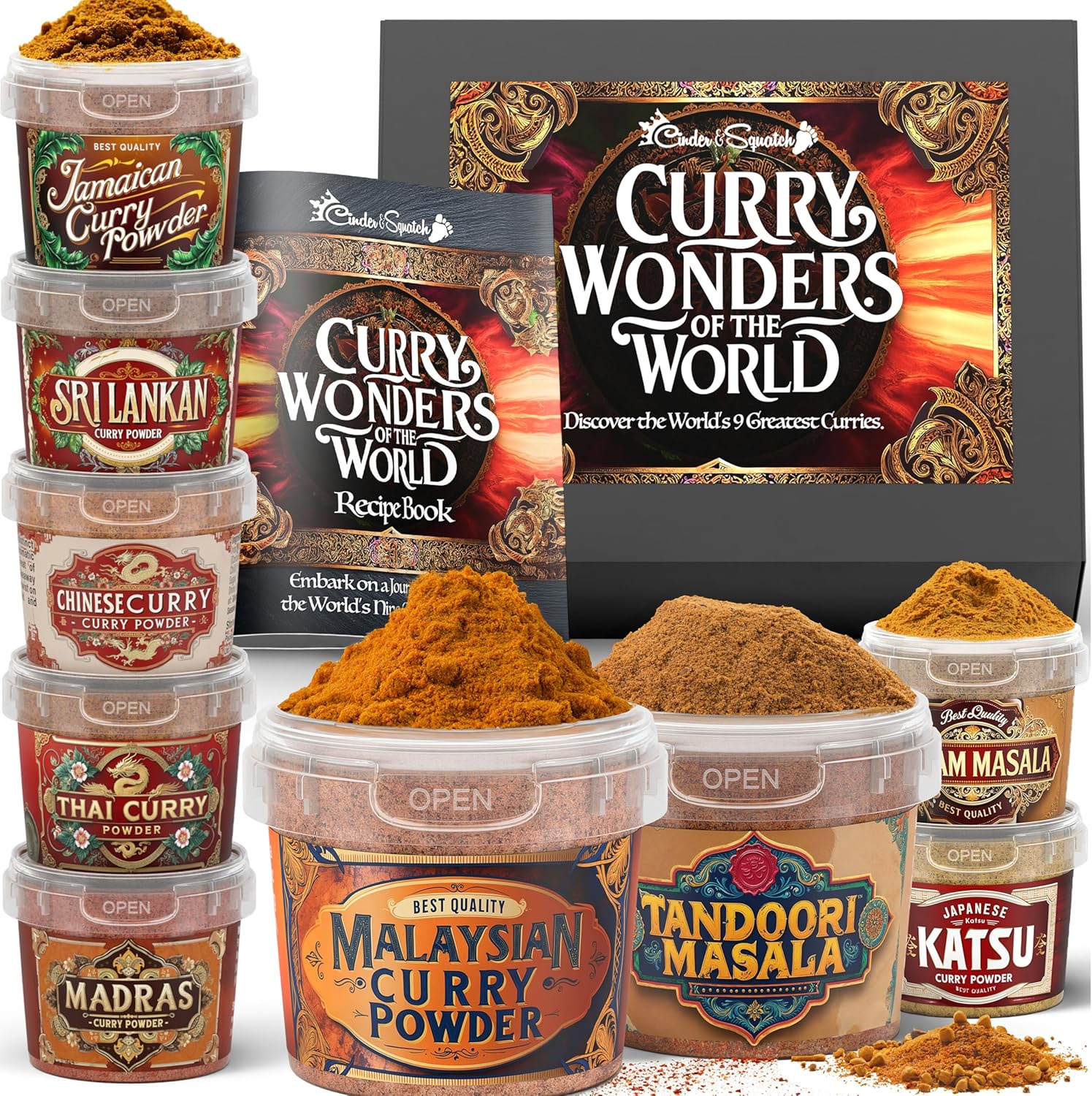 Curry Kit by Cinder & Squatch - Curry Wonders of the World | 9 x 60g Authentic Spice Pots | Gift Box with Nine Unique Curries from Around the World