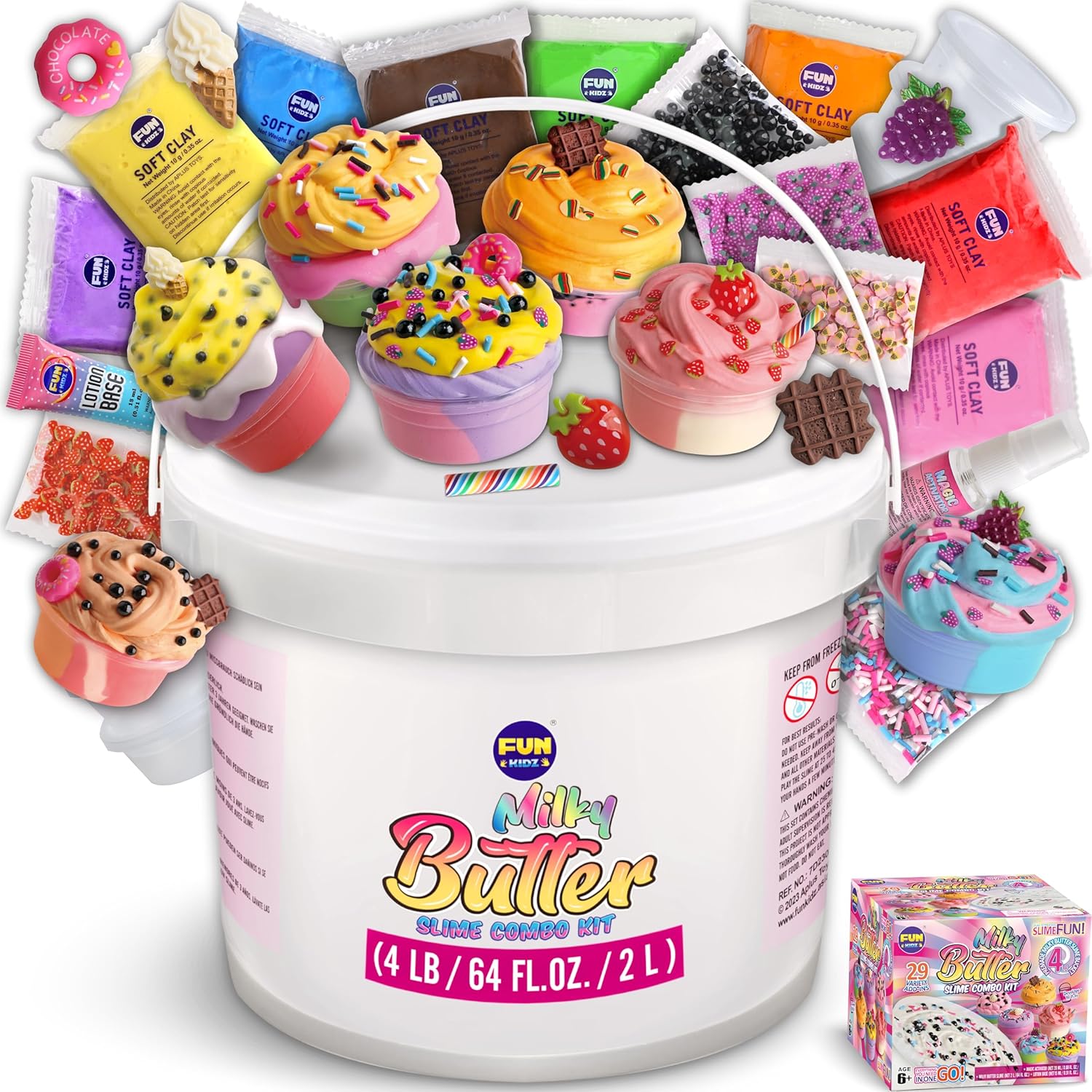 4 LB Milky Butter Slime Bucket Gift for Girls, FunKidz 64 FL OZ Huge Soft White Premade Scented Slime Kit Toy with 29 Variety Add-Ins Perfect Birthday Present for Kids Age 6+