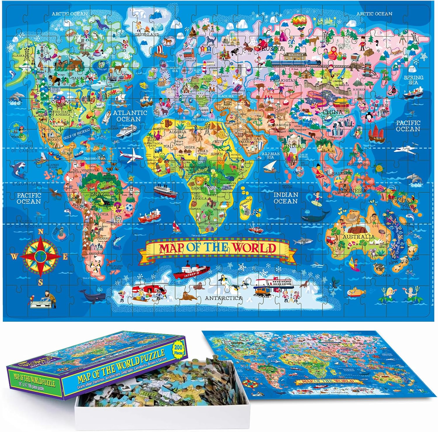 Educational & Learning Map Jigsaw Puzzle, Geography Puzzle with Continents & Countries - learn map Jigsaw for Kids Age 7+, Fun Activity for the for Children (World Map)