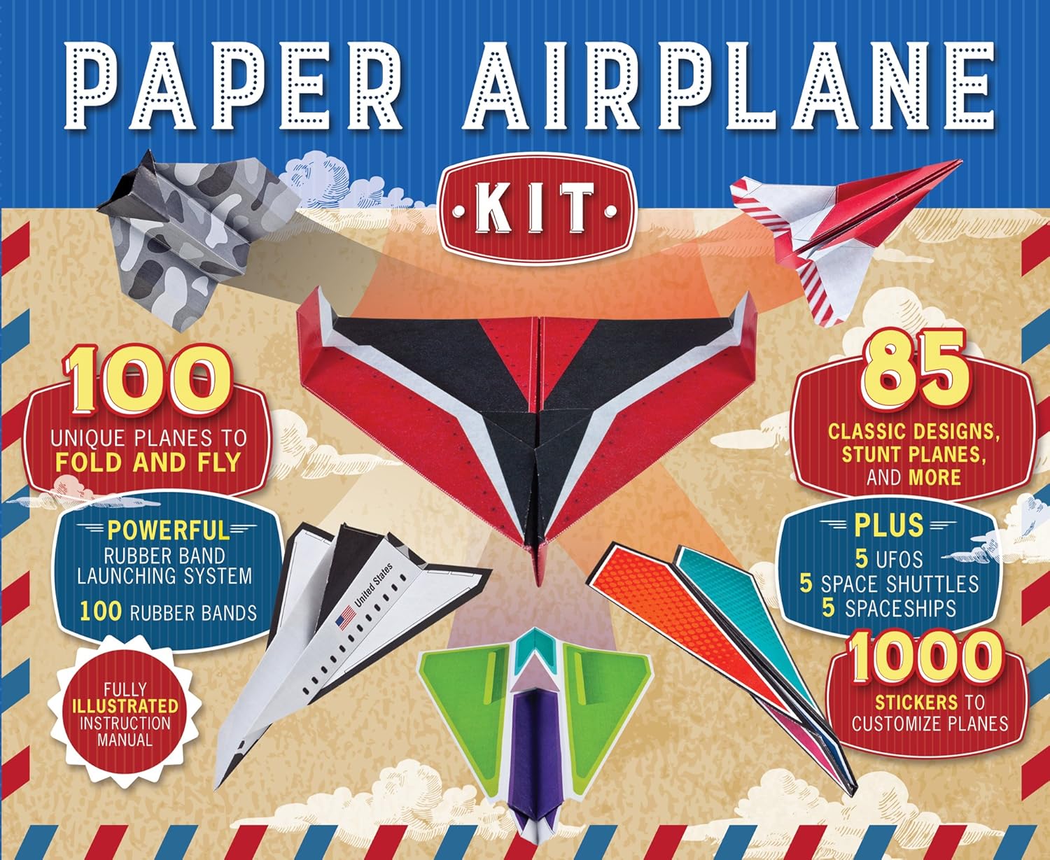 Paper Airplane Kit: 100 Planes to Fold & Fly, 1000 Stickers, Launcher & 100 Rubber Bands | Colorful Sheets | STEM Family Gift for Ages 7 and Up