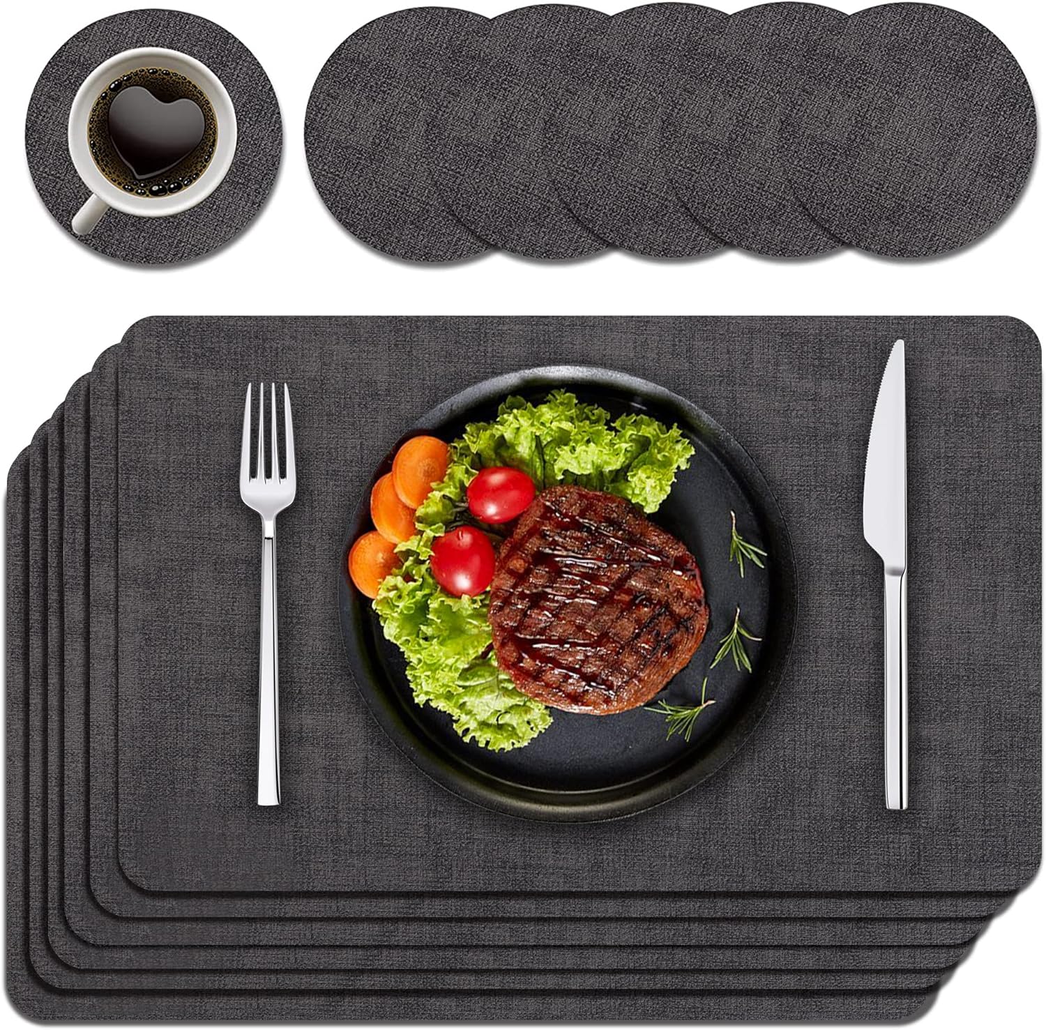 Purejoy Placemats and Coaster Sets 6, Christmas Table Mats PU Leather Heat-Resistant Washable and Non-Slip 43 * 30 cm Dinner Table Mats Set of 6 for Kitchen Table Mat Indoor Outdoor (Grey)