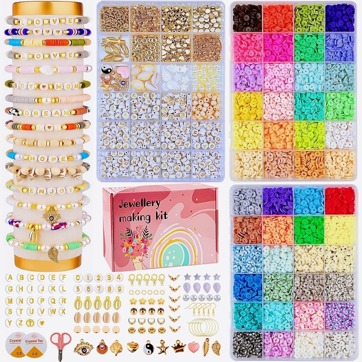 LUOBITO Clay Beads Bracelet Making Kit 10800 Pcs, 3 Boxes 48 Colors Flat Polymer Clay Bead Jewellery Making Set, Heishi Letter Beads Friendship Bracelet Kit, Charms Crafts Gift for Girls