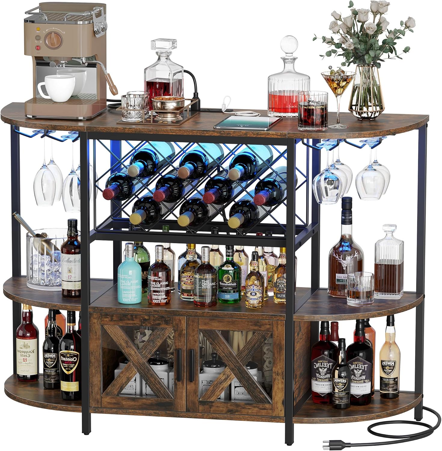 YITAHOME Bar Table Cabinet with Power Outlet, LED Home Mini Coffee Bar Cabinet for Liquor, Metal Wine Cabinet Bar Stand with 4-Tier Storage and 2 Doors, Rustic Brown
