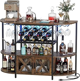 YITAHOME Bar Table Cabinet with Power Outlet, LED Home Mini Coffee Bar Cabinet for Liquor, Metal Wine Cabinet Bar Stand with 4-Tier Storage and 2 Doors, Rustic Brown