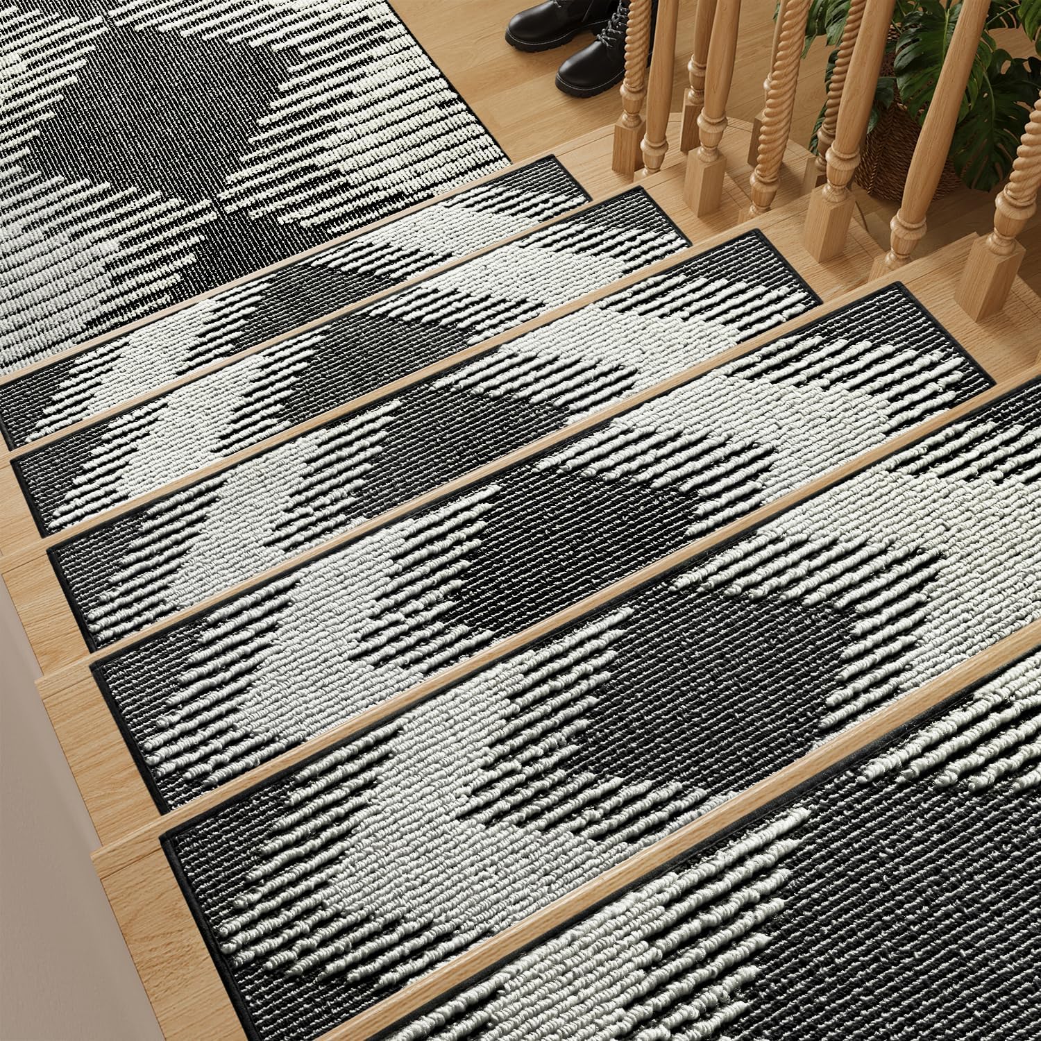PADOOR 15PC Stair-Treads Non Slip, 3D Peel and Stick Stair Treads for Wooden Steps Indoor, Stair-Carpet Treads Washable Reusable Adhesive Stair-Runner Rugs for Kids and Dogs 8"x30" Black