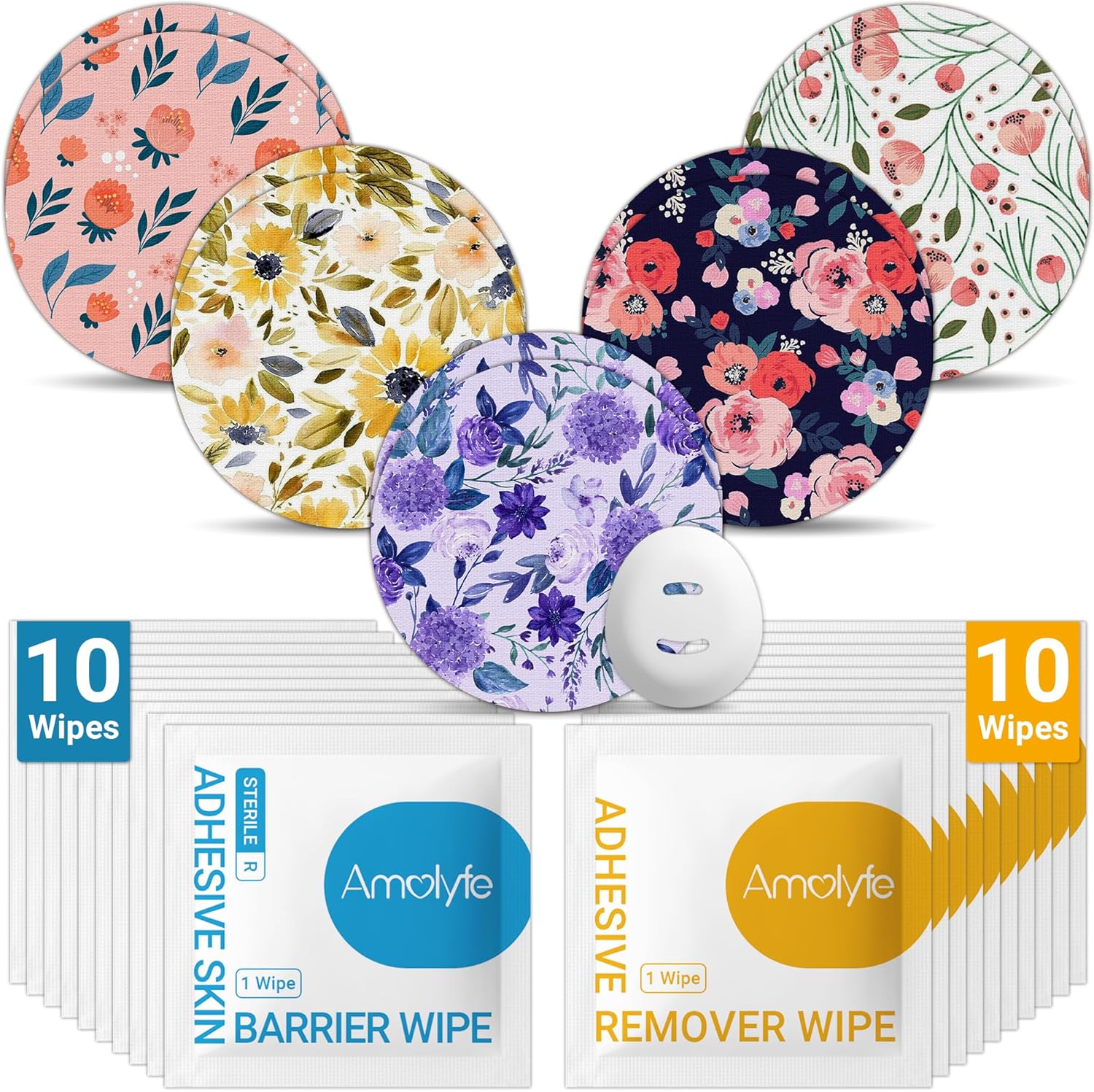 Dexcom G7 Over Patches Solution Kit, 10 Pack Waterproof Dexcom G7 & Stelo Adhesive Patches, 10 Skin Barrier Wipes & 10 Adhesive Remover Wipes for Enhanced Adhesion & Protection (Pink Flower)