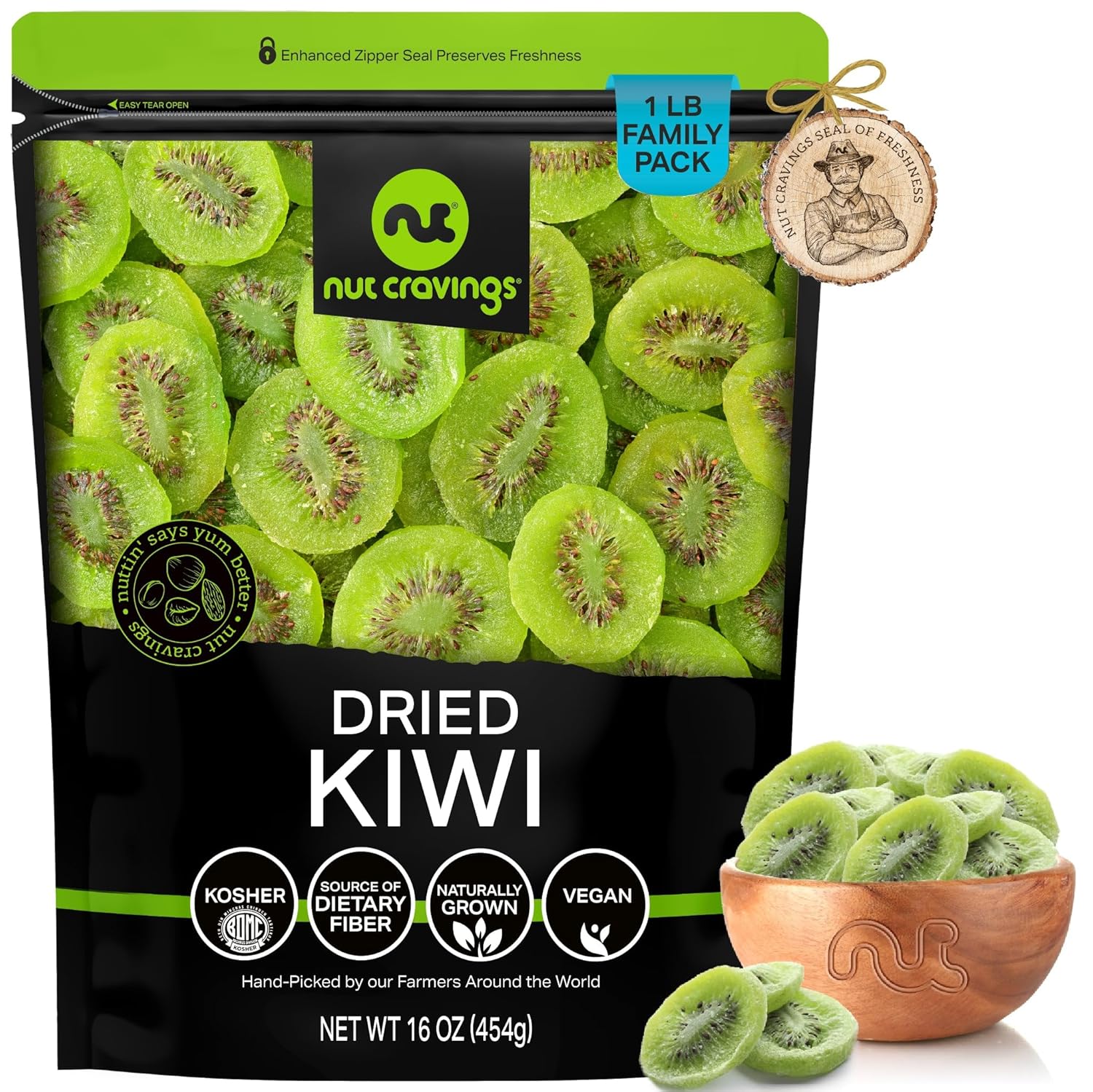 NUT CRAVINGS Dry Fruits - Sun Dried Kiwi Slices, (16oz - 1 LB) Packed Fresh in Resealable Bag - Sweet Snack, Healthy Food, Naturally Grown, Vegan, Kosher Certified