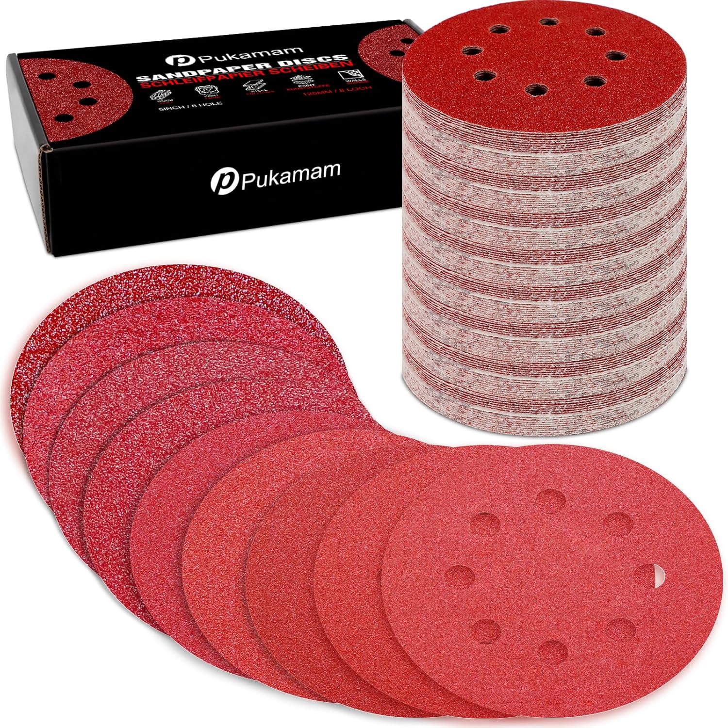 170 Pcs 5 inch Sanding Discs 40 60 80 120 180 240 320 400 600 Grit 8 Hole Hook and Loop Round Sandpaper for Random Orbital Sander