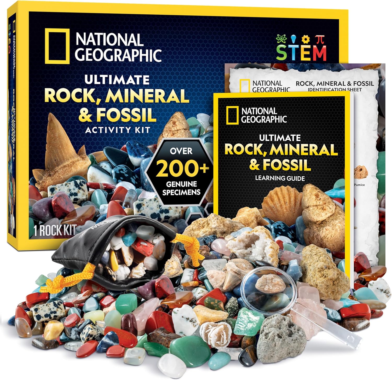 NATIONAL GEOGRAPHIC Rock Collection and Fossils for Kids – 200+ Piece Crystals and Gemstones Set Includes Geodes and Fossils, Rocks and Minerals Science Kit for Kids, A Geology Gift for Boys and Girls
