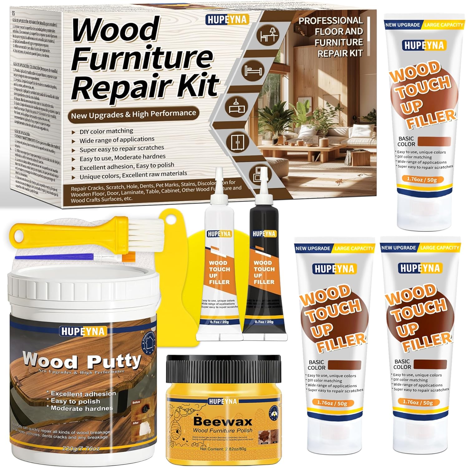 Wood Repair Kit, 13 Pcs Wood Furniture Repair Kit, Wood Filler, Wood Putty and Beeswax- Repair Scratch, Cracks, Hole, Discoloration for Wooden Door, Table, Cabinet, Floor Laminate, Bed