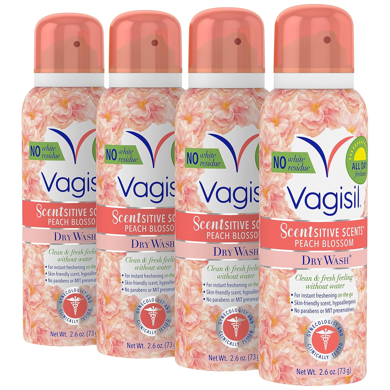 Vagisil Scentsitive Scents Feminine Dry Wash Deodorant Spray for Women, Gynecologist Tested, Paraben Free, Peach Blossom, 2.6 Ounce (Pack of 4)