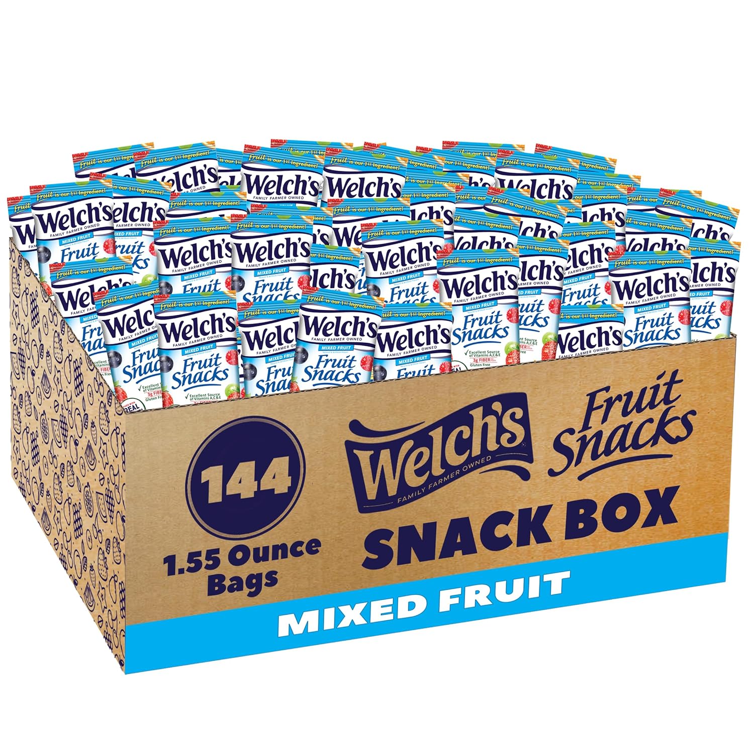 Welch's Fruit Snacks, Mixed Fruit, Great for School Lunches, Bulk Pack, Individual Single Serve Bags, 1.55 oz (Pack of 144)