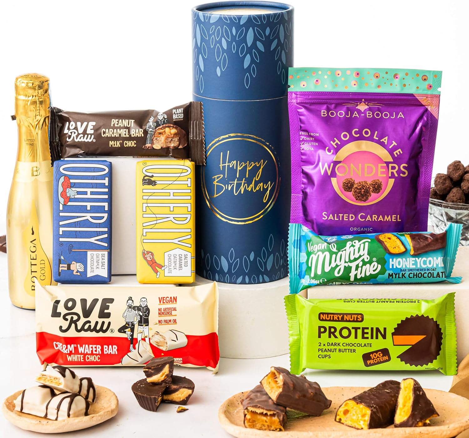 Happy Birthday Chocolate Letterbox Gift Tube, Luxury Gourmet Gifts for Women, Men or Couples, Dairy Free, Gluten Free, Lactose Free and Vegan Chocolate by EDEN Treats - Includes Prosecco