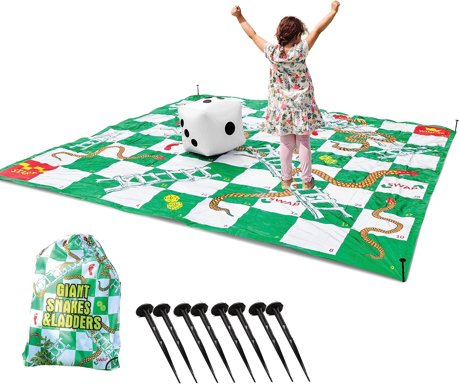 Upper Midland Products Giant Snakes & Ladders Game 9.8 x Foot Life Size Playing Mat with 8 Ground Pegs A Large Inflatable 15'' Dice, Storage Carrying Bag - Yard Games for The Whole Family