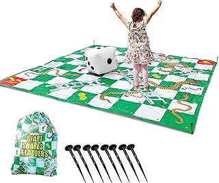 Upper Midland Products Giant Snakes & Ladders Game 9.8 x Foot Life Size Playing Mat with 8 Ground Pegs A Large Inflatable 15'' Dice, Storage Carrying Bag - Yard Games for The Whole Family