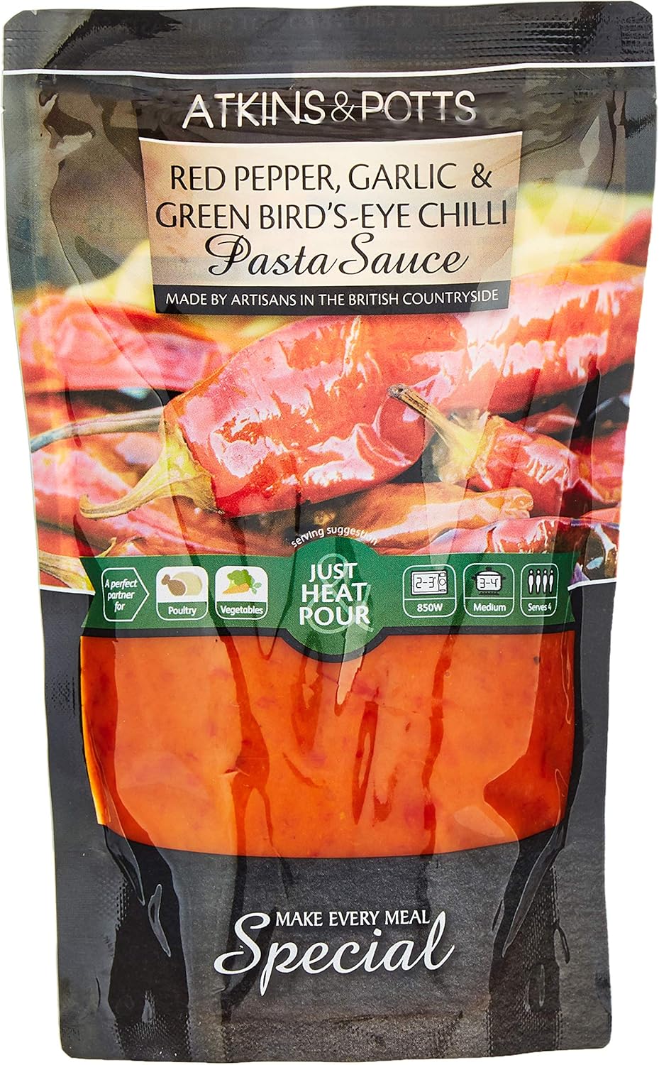 Atkins & Potts Red Pepper Garlic and Green Bird's-Eye Chilli Pasta Sauce, 350 g