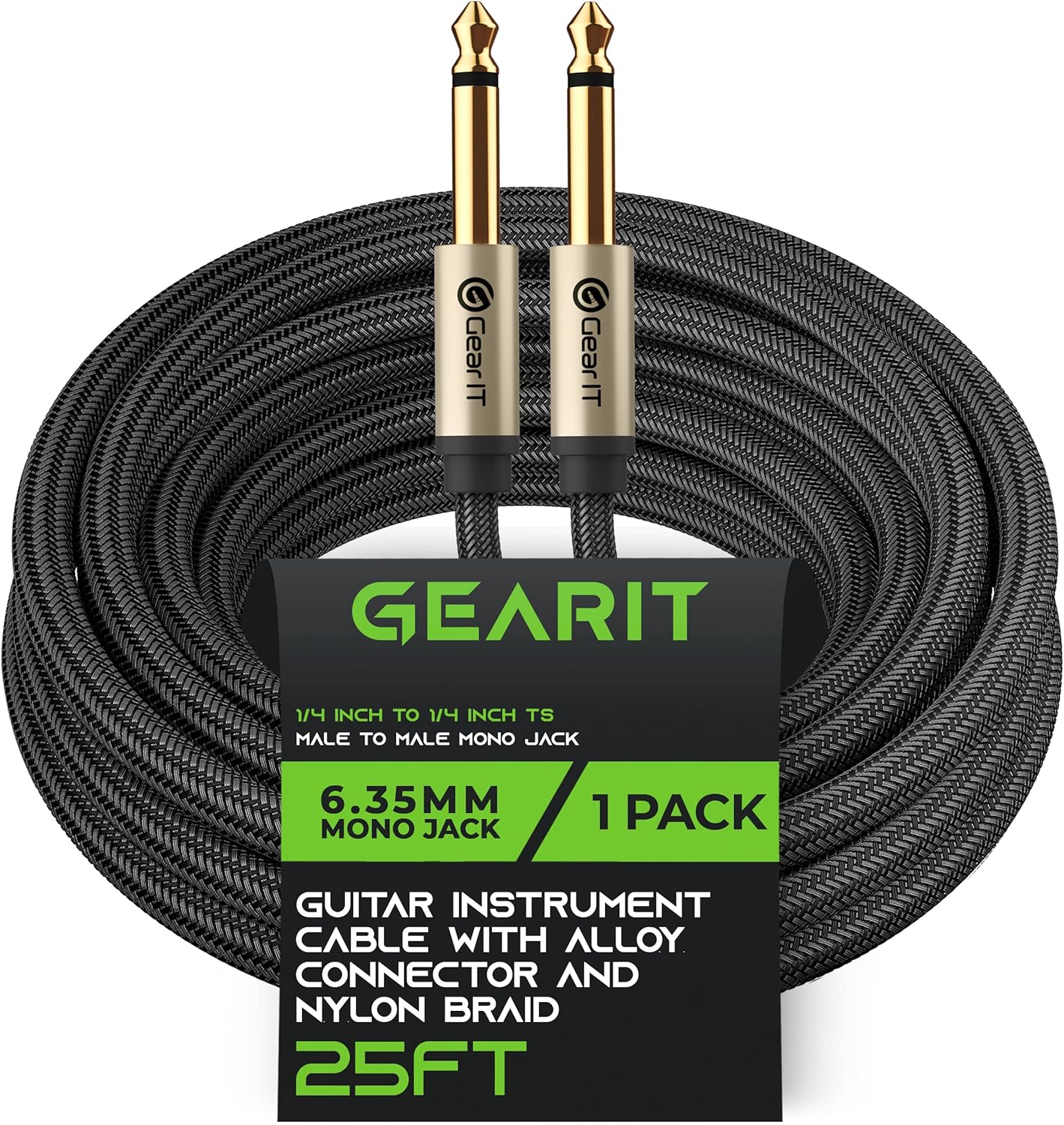 GearIT Guitar Instrument Cable (25ft) 1/4 Inch to 1/4 inch TS Straight Male to Male 6.35mm Mono Jack with Alloy Connector and Nylon Braid