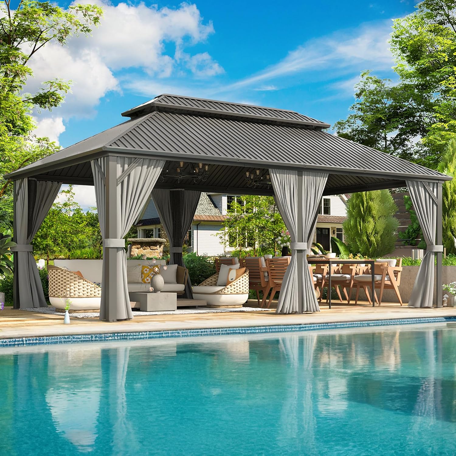 12x20 FT Hardtop Gazebo with Aluminum Frame, Galvanized Steel Double Roof Gazebo with Nettings and Curtains, Permanent Outdoor Metal Pavilion for Patio, Deck, Lawn and Garden, Gray