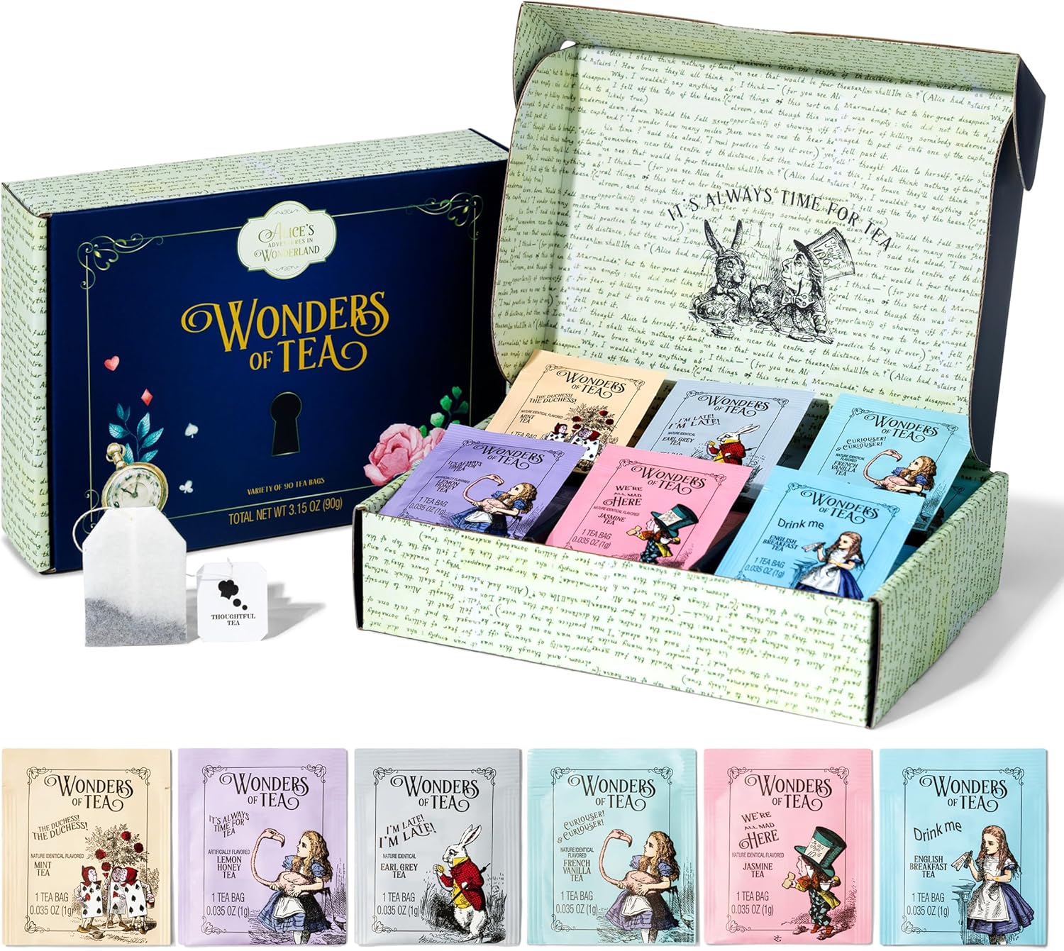 Alice’s Adventures in Wonderland, Wonder of Tea Gift Set, Tea Sampler includes 6 Flavours with Quotes and Illustrations, Mad Hatter Tea Party, Birthday, Mother's Day, Baby Shower, Set of 90