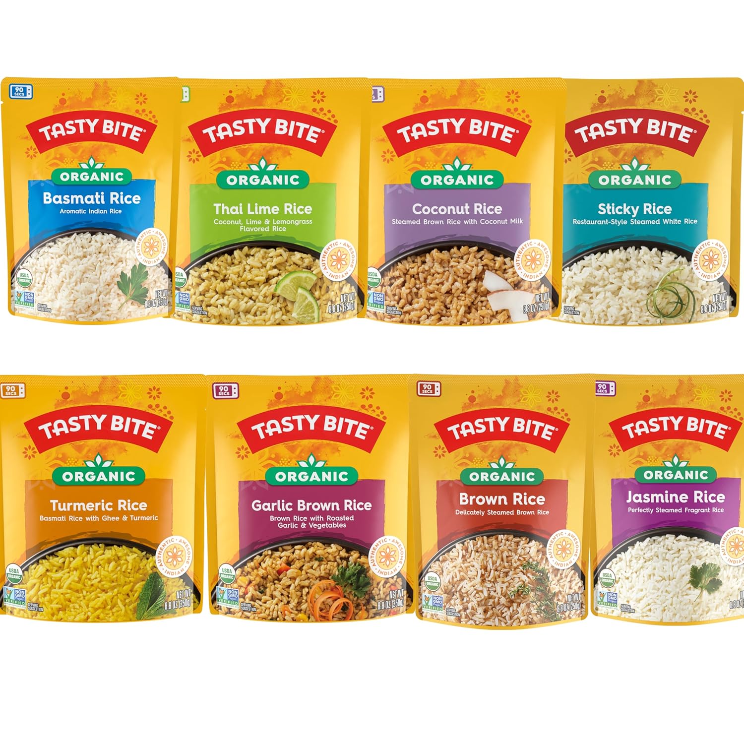 Tasty Bite Rice Variety Pack, 8 Flavors, Basmati, Jasmine, Brown, Sticky, Coconut, Turmeric, Thai Lime, Garlic