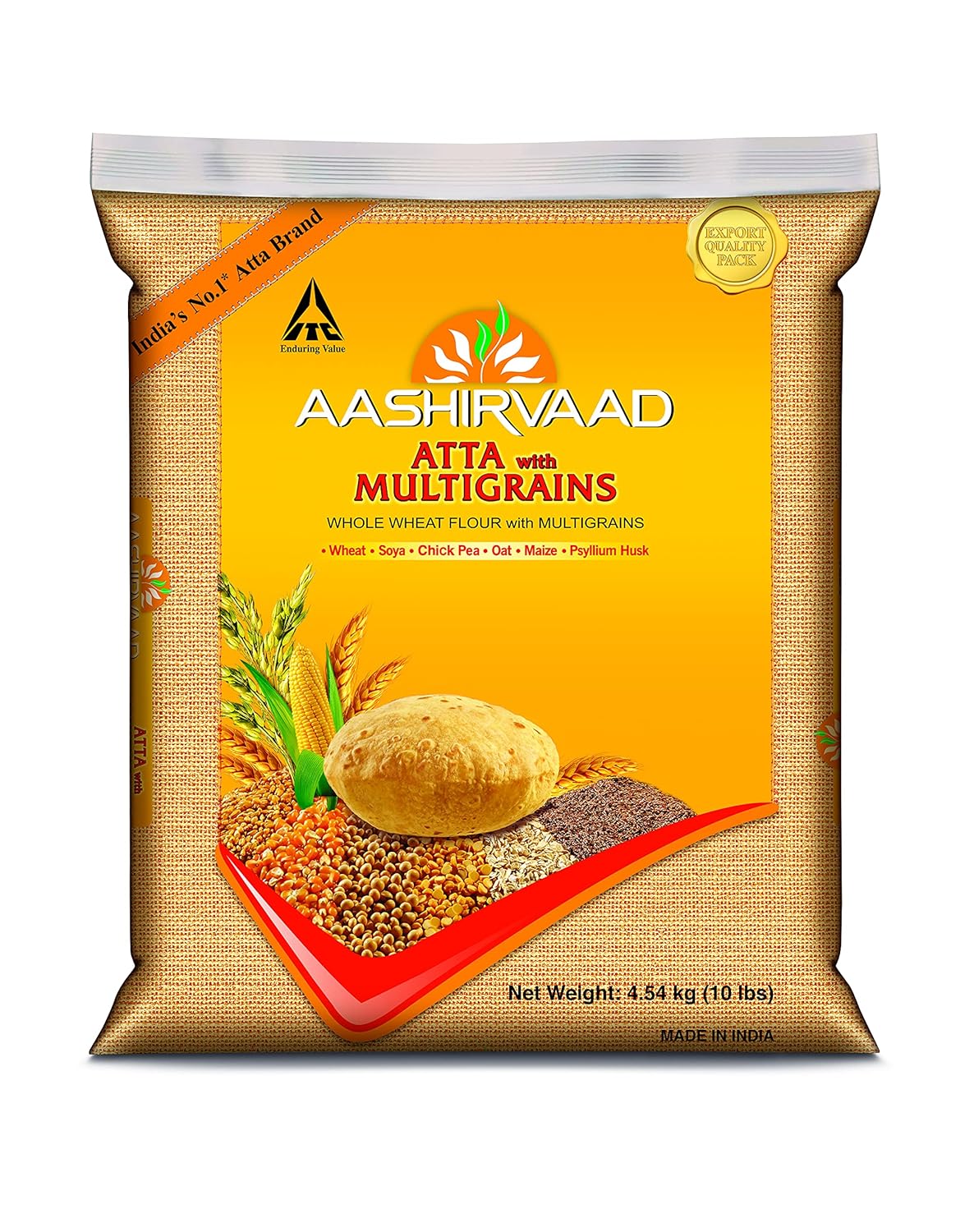 ITC Aashirvaad Whole Wheat flour with MULTIGRAINS, 10lb., 4.54kg. EXPORT PACK