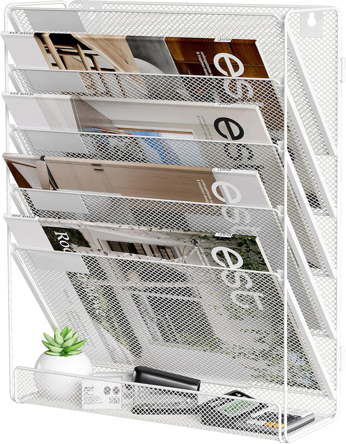 Solinxe 5-Tier Desk Tidy Organiser, A4 Wall Mounted Document Holder, Vertical Metal Magazine Rack, Wall Hanging Storage Organiser in Tray for Office Accessories Stationery Supplies, White