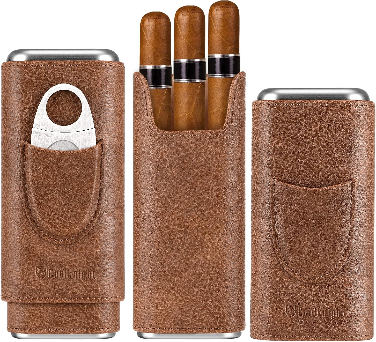 COOL KNIGHT Leather Cigar Case - Cedar Wood Lining Travel Humidors for Cigars - Cigar Accessories Include Stainless Steel Cigar Cutter - Cigar Gift Box for Cigar Lovers (Brown)