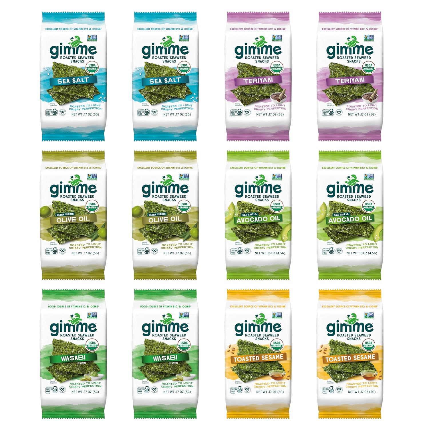 Gimme Seaweed - 6 Flavor Variety Pack - 12 Count - Organic Roasted Seaweed Sheets - Keto, Vegan, Gluten Free - Great Source of Iodine & Omega 3’s - Healthy On-The-Go Snack for Kids & Adults