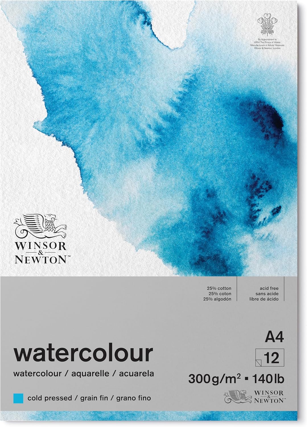 Winsor and Newton Watercolour Paper Pad, A4, 12 Sheets, 300 g/m�, Glue Bound, Cold Pressed, Acid , Mixture of 25 Percent Cotton and Cellulose Fibres, Natural White