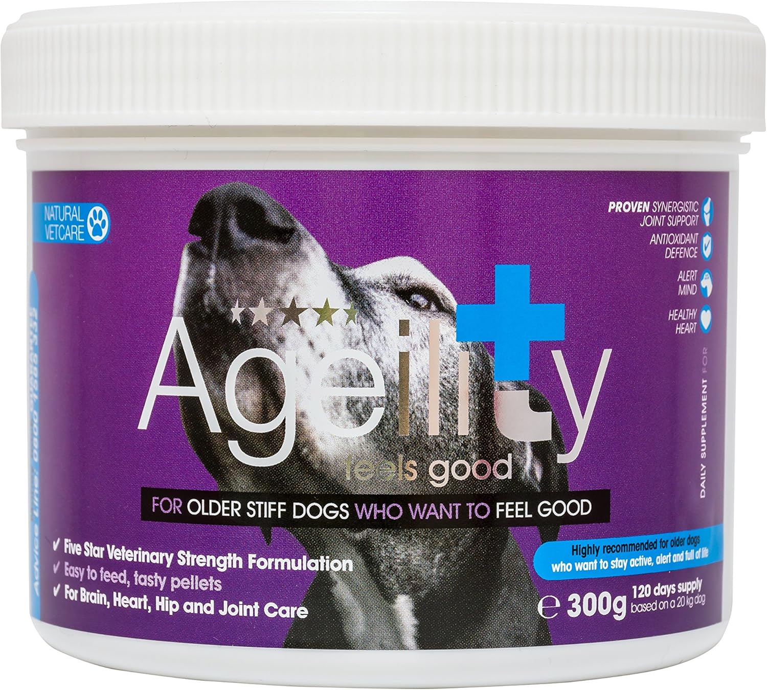 Natural VetCare Ageility Senior Dog Supplement 300g – Veterinary Strength Formula for Joint, Heart & Cognitive Support – With Glucosamine, MSM, Ginseng & Omega 3 – Promotes Mobility & Vitality in Older Dogs
