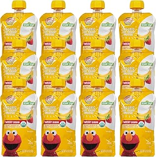 Earth's Best Organic Kids Snacks, Sesame Street Toddler Snacks, Organic Fruit Yogurt Smoothie for Toddlers 2 Years and Older, Strawberry Banana, 4.2 oz Resealable Pouch (Pack of 12)