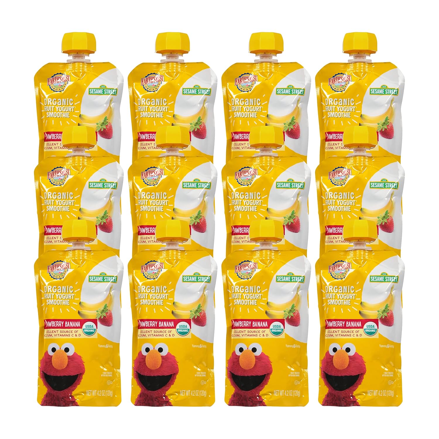 Earth's Best Organic Kids Snacks, Sesame Street Toddler Snacks, Organic Fruit Yogurt Smoothie for Toddlers 2 Years and Older, Strawberry Banana, 4.2 oz Resealable Pouch (Pack of 12)