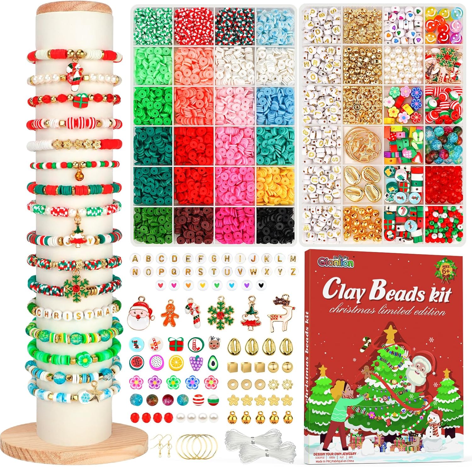 Gionlion Christmas Bracelet Making Kit, Clay Beads Friendship Bracelet Kit Christmas Crafts Gifts for Girls Ages 6-12, Gold Beads Charm Bracelet Maker Set Preppy Jewelry Making Kit Gifts for Teen