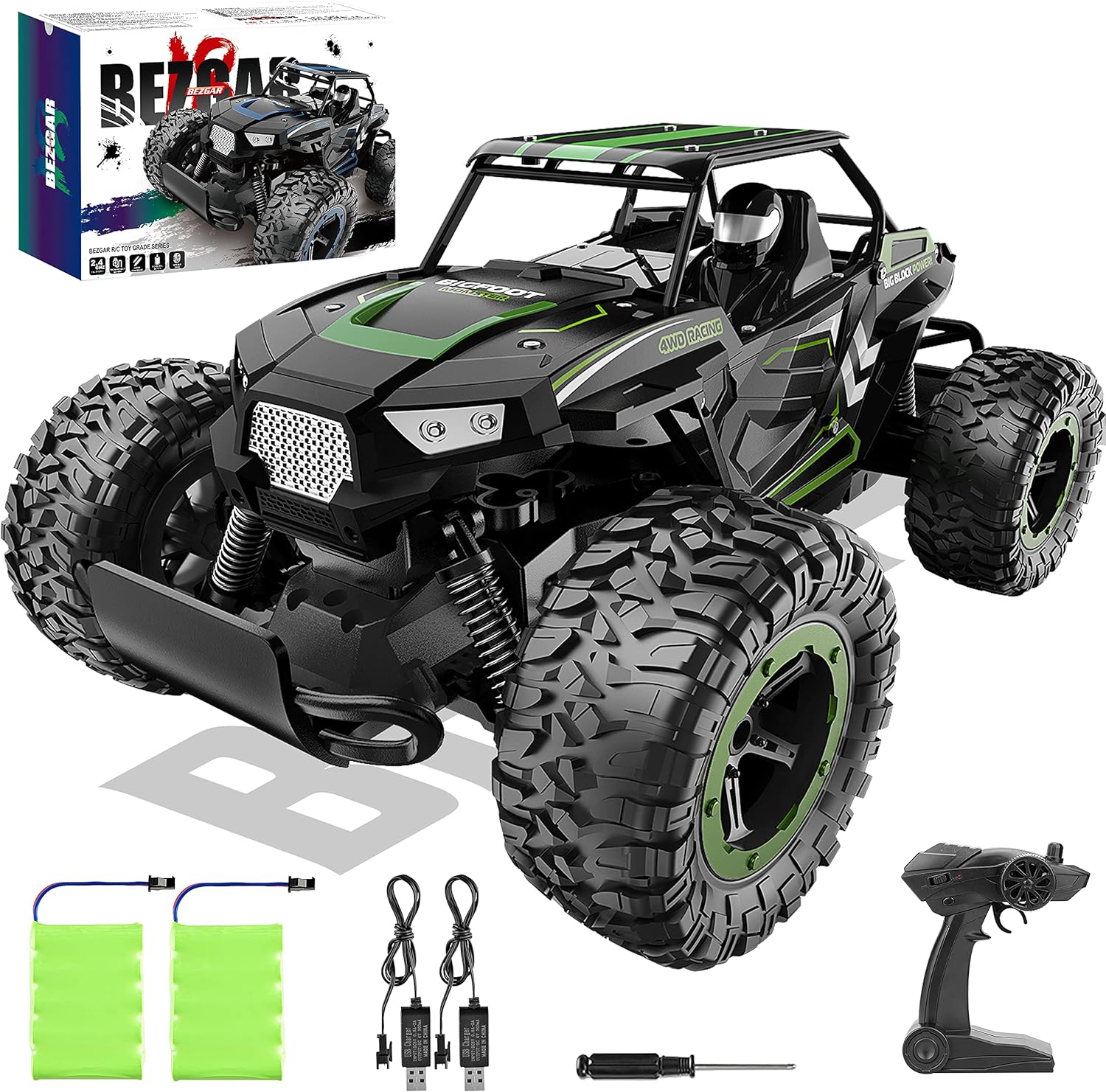 BEZGAR TB142 Remote Control Car - 1:14 Scale RC Cars, 20 Km/h 2WD All-Terrains Electric Off-Road Vehicle Truck Crawler Toy with Two Rechargeable Batteries for Boys Kids and Adults