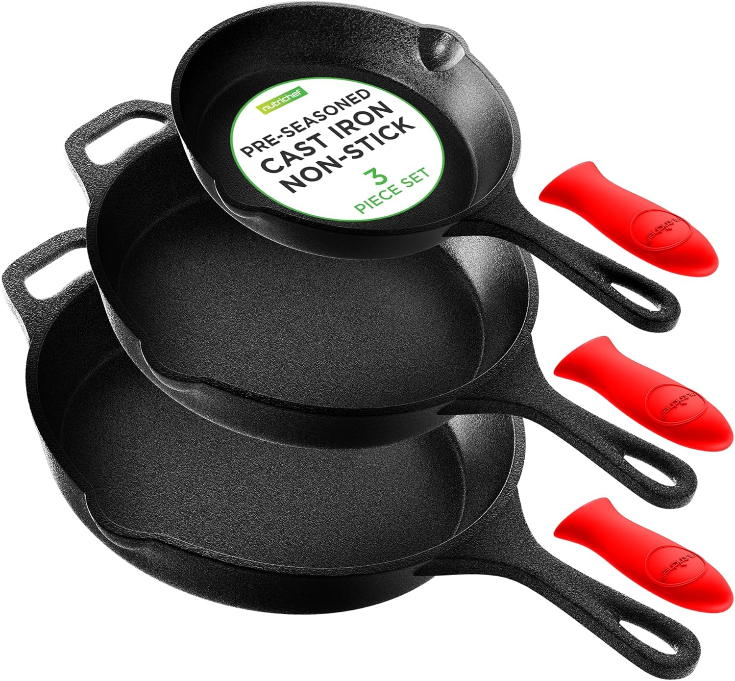 Nutrichef 3pc Pre Seasoned Cast Iron Skillet Pan, Cast Iron Frying Pans Nonstick, Oven Safe Cookware Set w/Silicone Handle, Drip Spout, Indoor/Outdoor Use, for Induction & All Cooktops