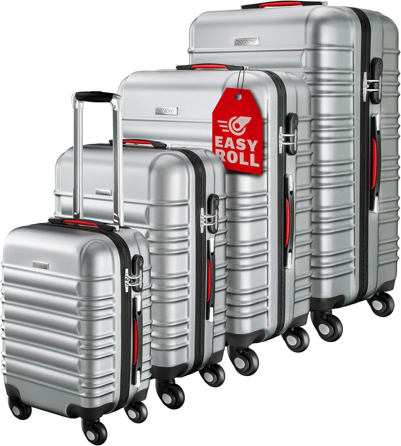 Monzana® Travel Suitcase Set 4 Piece | ABS Hard Shell Luggage | 4X Spinner Wheels | Anti-Scratch | Carry On Bag Small Cabin Medium Large XL Trolley Cases | Built in Lock | Silver