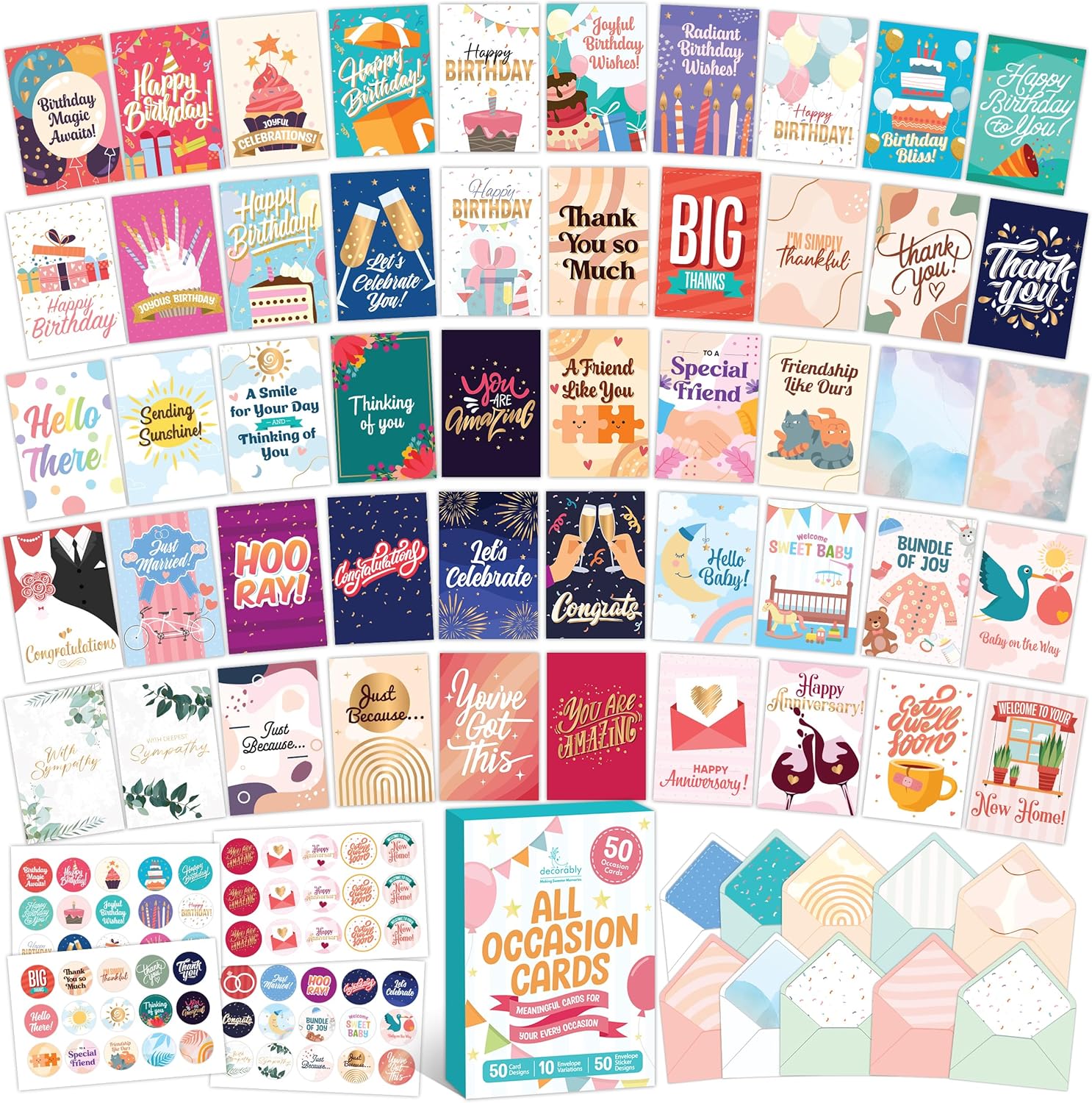 Decorably 50 Pack Gold Foiled & Glittery All Occasion Cards Assortment Box with Envelopes & Stickers - 50 Designs Printed Message Inside 5x7in Greeting Cards Assortment Box of Cards for All Occasions