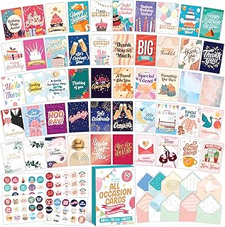 Decorably 50 Pack Gold Foiled & Glittery All Occasion Cards Assortment Box with Envelopes & Stickers - 50 Designs Printed Message Inside 5x7in Greeting Cards Assortment Box of Cards for All Occasions