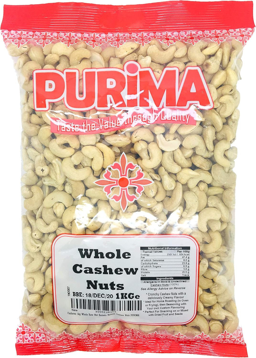 Cashew 1kg - 100% Raw Whole Cashew Nuts 1 kg Bag - Quality Nut - Source of Protein & Fibre - Non-GMO & Vegan PURIMA